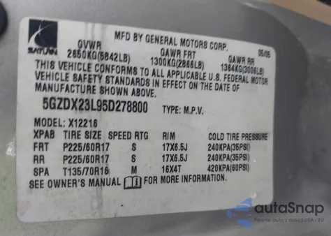 2005 Saturn Relay Awd из США, поврежденный, VIN 5GZDX23L95D278800